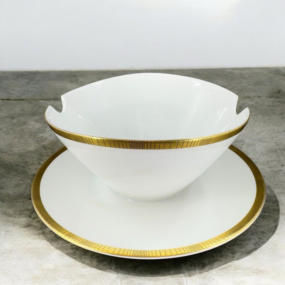 Rosenthal Porcelain White Gold Black Lines Germany Gravy Boat W Underplate VTG